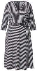 Ulla Popken 848052 Gestreepte midi-jurk met strikceintuur Zwart
