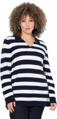 Ulla Popken Striped Polo Collar Long Sleeve Sweater Navy