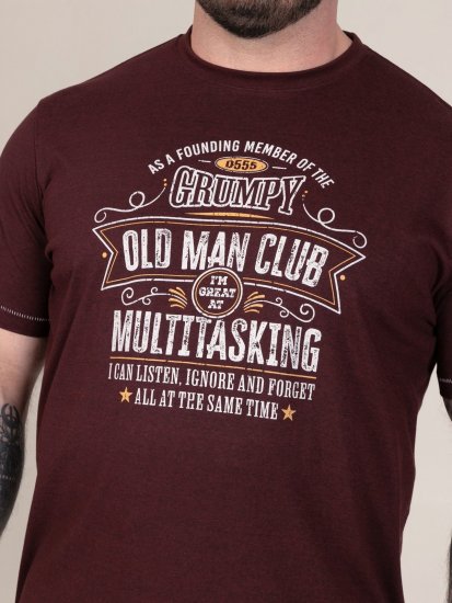 D555 Baldwin Grumpy Old Man Club Print Crew Neck T-shirt Burgundy/ Black Twist - T-shirts - Grote Maten T-shirts Heren