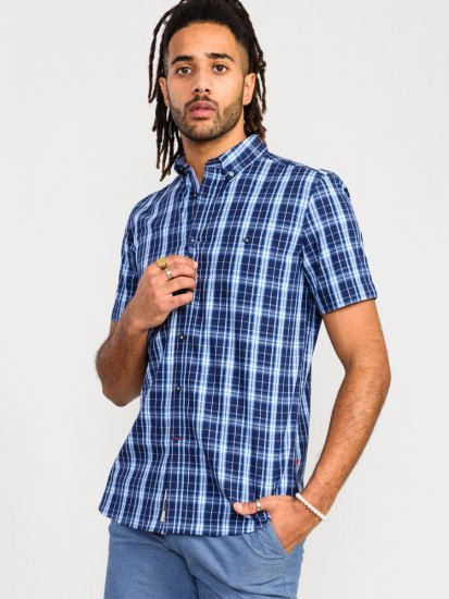 D555 Walcot Check Button Down Collar S/S Shirt Navy - Hemden - Overhemden Grote Maten Heren