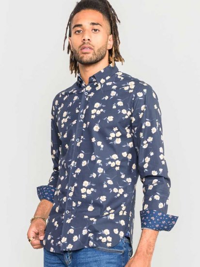 D555 Rooksey Floral Print Shirt Navy - Hemden - Overhemden Grote Maten Heren