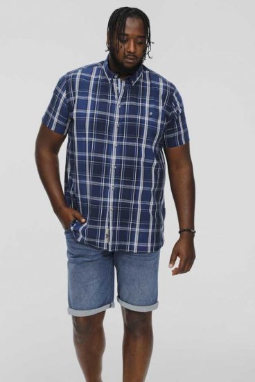 D555 HADSTOCK Check Button Down Collar S/S Shirt Navy - Hemden - Overhemden Grote Maten Heren