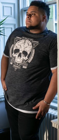 D555 DARREN Skull Printed T-Shirt With Double Layer On Hem & Cuff Black Reno - T-shirts - Grote Maten T-shirts Heren