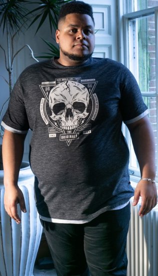 D555 DARREN Skull Printed T-Shirt With Double Layer On Hem & Cuff Black Reno - T-shirts - Grote Maten T-shirts Heren