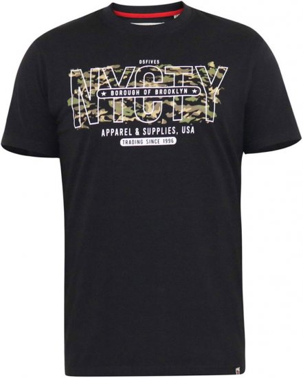 D555 EDWALTON NYCTY Camo Printed Crew Neck T-Shirt Washed Black - T-shirts - Grote Maten T-shirts Heren