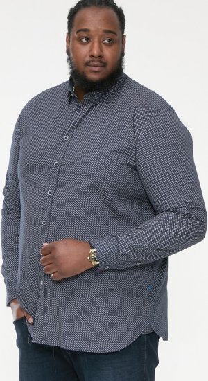 D555 MORGAN Micro AOP Long Sleeve Shirt With Concealed Button Down Collar Navy - Hemden - Overhemden Grote Maten Heren