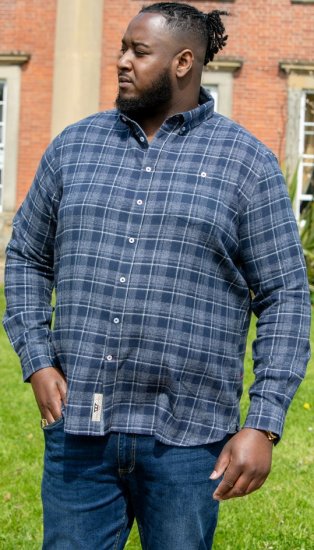 D555 SONNY Navy Check Long Sleeve Shirt With Chest Patch Pocket & Button Down Collar Navy Check - Hemden - Overhemden Grote Maten Heren