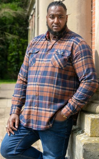 D555 SHERLOCK Check Overshirt With Two Patch Pockets & Button Down Collar Navy - Hemden - Overhemden Grote Maten Heren