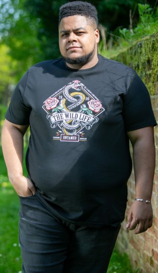 D555 MALCOM Snake And Roses Printed Crew Neck T-Shirt Black - T-shirts - Grote Maten T-shirts Heren