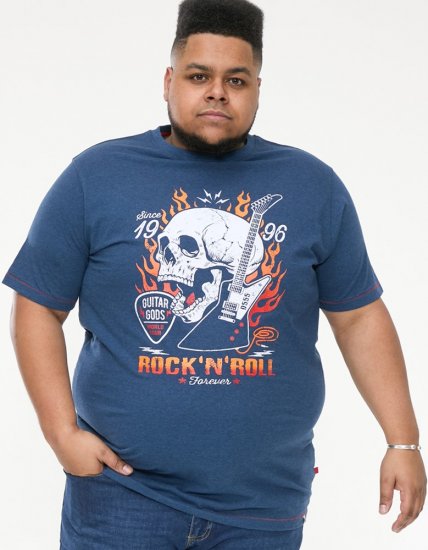 D555 NEAL Skull With Flames Printed Crew Neck T-Shirt Navy/Blue Twist - T-shirts - Grote Maten T-shirts Heren