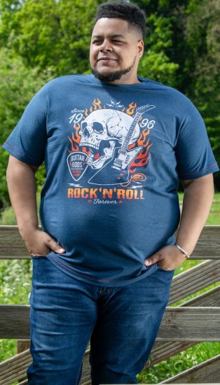 D555 NEAL Skull With Flames Printed Crew Neck T-Shirt Navy/Blue Twist - T-shirts - Grote Maten T-shirts Heren
