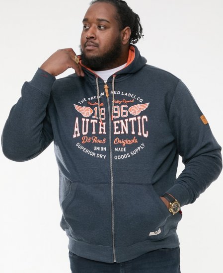 D555 HAMILTON Full Zip Hoody With Authentic 1996 Chest Print Denim - Sweaters & hoodies - Sweaters & Hoodies Grote Maten Heren