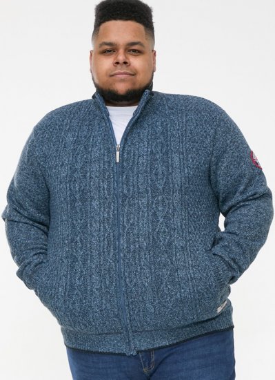 D555 ECCLES Cable Knitted Zip Through Sweater With Bonded Check Lining Denim Marl - Sweaters & hoodies - Sweaters & Hoodies Grote Maten Heren