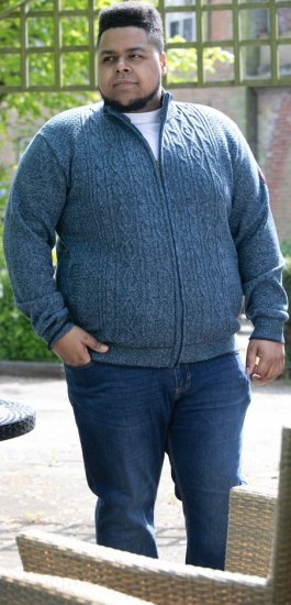 D555 ECCLES Cable Knitted Zip Through Sweater With Bonded Check Lining Denim Marl - Sweaters & hoodies - Sweaters & Hoodies Grote Maten Heren