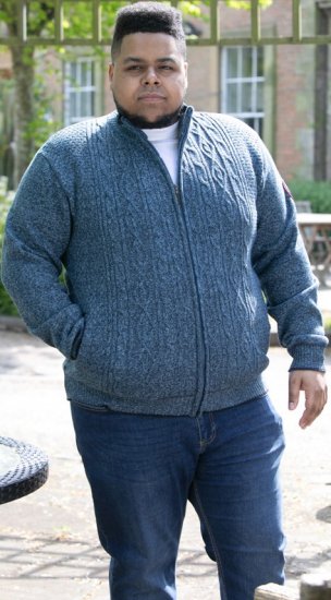 D555 ECCLES Cable Knitted Zip Through Sweater With Bonded Check Lining Denim Marl - Sweaters & hoodies - Sweaters & Hoodies Grote Maten Heren