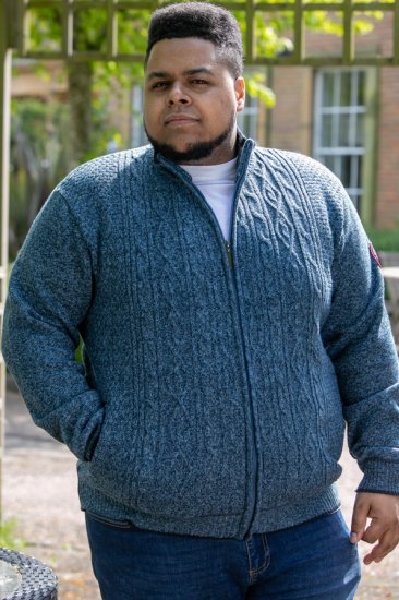 D555 ECCLES Cable Knitted Zip Through Sweater With Bonded Check Lining Denim Marl - Sweaters & hoodies - Sweaters & Hoodies Grote Maten Heren