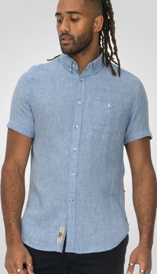 D555 Falmouth 1 Linen Mix Short Sleeve Shirt With Button Down Blue - Hemden - Overhemden Grote Maten Heren