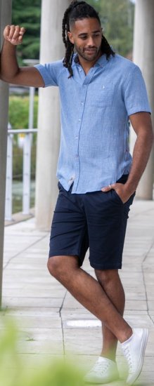 D555 Falmouth 1 Linen Mix Short Sleeve Shirt With Button Down Blue - Hemden - Overhemden Grote Maten Heren