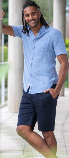 D555 Falmouth 1 Linen Mix Short Sleeve Shirt With Button Down Blue - Hemden - Overhemden Grote Maten Heren