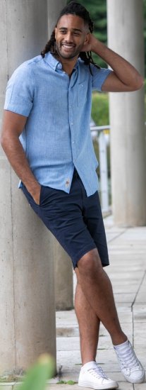 D555 Falmouth 1 Linen Mix Short Sleeve Shirt With Button Down Blue - Hemden - Overhemden Grote Maten Heren