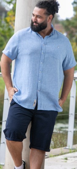 D555 Falmouth 1 Linen Mix Short Sleeve Shirt With Button Down Blue - Hemden - Overhemden Grote Maten Heren