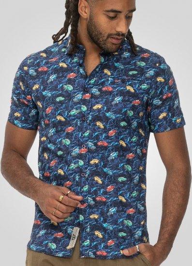 D555 Hartlepool Short Sleeve Vintage Car AOP Stretch Shirt Blue - Hemden - Overhemden Grote Maten Heren
