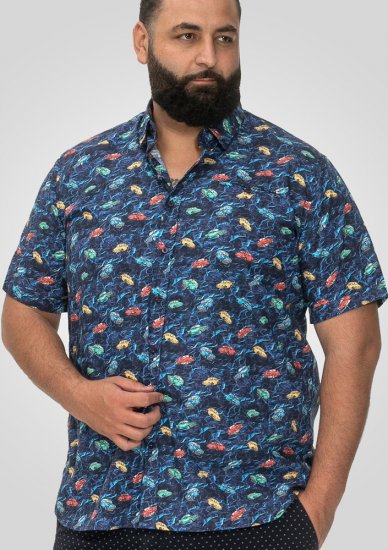 D555 Hartlepool Short Sleeve Vintage Car AOP Stretch Shirt Blue - Hemden - Overhemden Grote Maten Heren