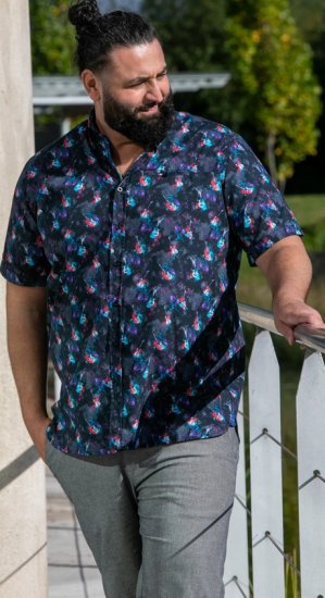 D555 Farnborough Short Sleeve Guitar AOP Shirt With Hidden Button Down Black - Hemden - Overhemden Grote Maten Heren