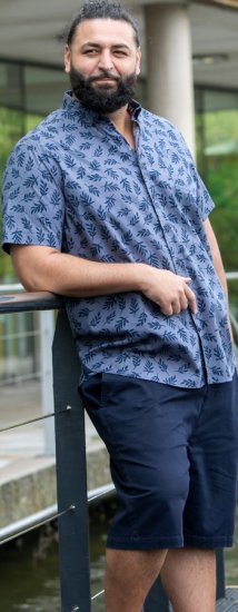 D555 Kettering Hawaiian Leaf AOP Short Sleeve Button Down Collar Shirt Denim - Hemden - Overhemden Grote Maten Heren