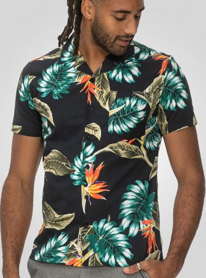 D555 Selby Hawaiian AOP Short Sleeve Revere Collar Shirt Black - Hemden - Overhemden Grote Maten Heren