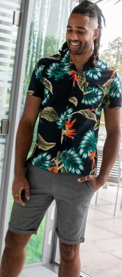 D555 Selby Hawaiian AOP Short Sleeve Revere Collar Shirt Black - Hemden - Overhemden Grote Maten Heren