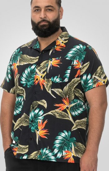 D555 Selby Hawaiian AOP Short Sleeve Revere Collar Shirt Black - Hemden - Overhemden Grote Maten Heren