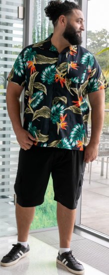 D555 Selby Hawaiian AOP Short Sleeve Revere Collar Shirt Black - Hemden - Overhemden Grote Maten Heren