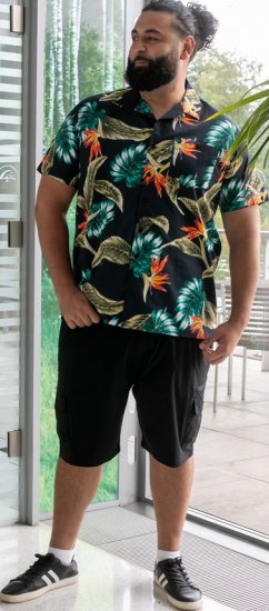 D555 Selby Hawaiian AOP Short Sleeve Revere Collar Shirt Black - Hemden - Overhemden Grote Maten Heren