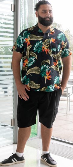 D555 Selby Hawaiian AOP Short Sleeve Revere Collar Shirt Black - Hemden - Overhemden Grote Maten Heren