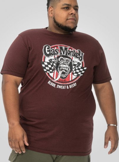 D555 Loughborough Official Gas Monkey Crew Neck T-Shirt Burgundy Black Twist - T-shirts - Grote Maten T-shirts Heren