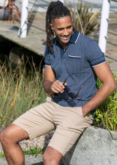 D555 Coventry AOP Polo Shirt Jacquard Collar & Ribbed Cuffs Navy - Polo shirts - Grote Maten Poloshirts Heren