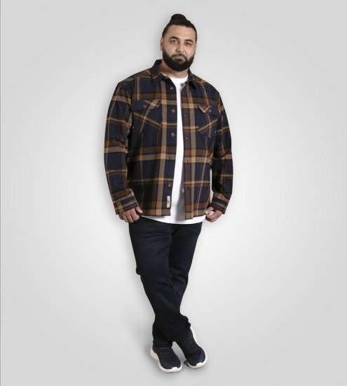 D555 Aldershot Long Sleeve Heavy Shacket Overshirt Tan/Navy Check - Hemden - Overhemden Grote Maten Heren