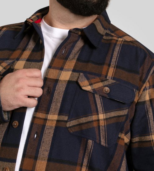 D555 Aldershot Long Sleeve Heavy Shacket Overshirt Tan/Navy Check - Hemden - Overhemden Grote Maten Heren