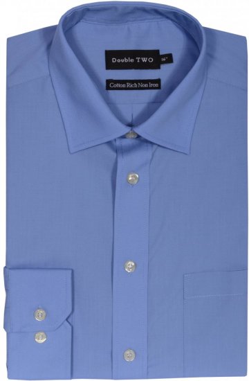 Double TWO Non-Iron Poplin Long Sleeve Blue - Hemden - Overhemden Grote Maten Heren