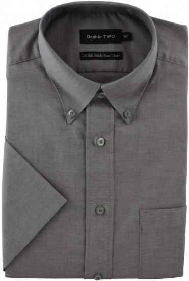 Double TWO Non-Iron Oxford Short Sleeve Grey - Hemden - Overhemden Grote Maten Heren
