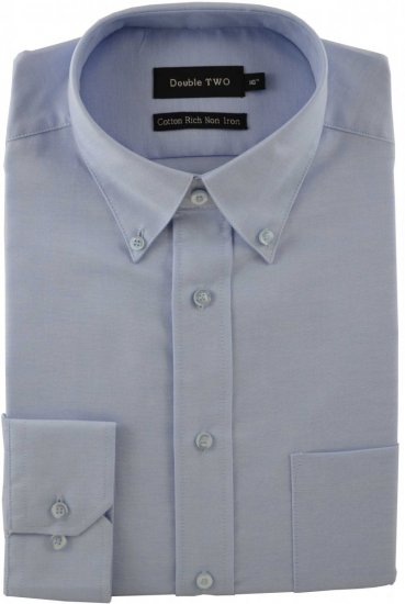 Double TWO Non-Iron Oxford Long Sleeve Blue - Hemden - Overhemden Grote Maten Heren