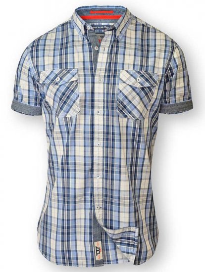 D555 FIDEL Twin Pocket Short Sleeve Blue & Ecru Check Shirt - Hemden - Overhemden Grote Maten Heren