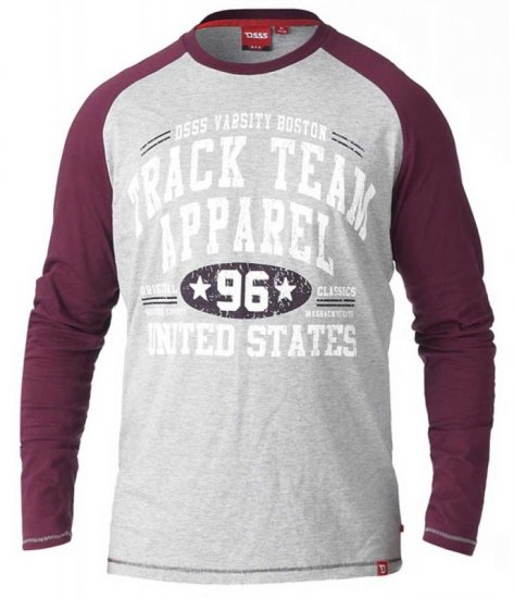 D555 KELTON Long Sleeve Raglan T-Shirt Grey/Burgundy - T-shirts - Grote Maten T-shirts Heren