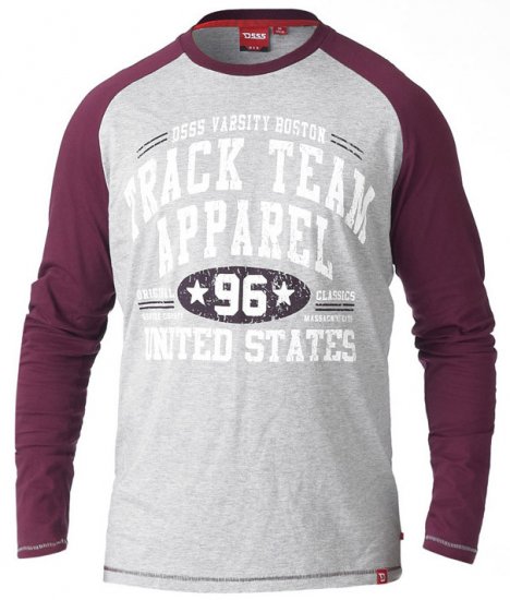D555 KELTON Long Sleeve Raglan T-Shirt Grey/Burgundy - T-shirts - Grote Maten T-shirts Heren