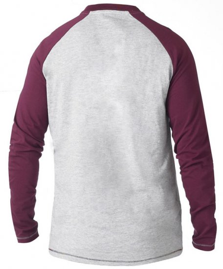 D555 KELTON Long Sleeve Raglan T-Shirt Grey/Burgundy - T-shirts - Grote Maten T-shirts Heren