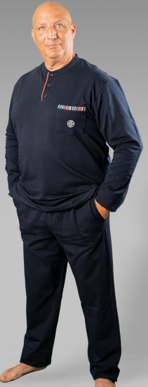 20 Nodi Long Pajamas in Stretch Fleece Cotton with Serafino Collar and Jacket with Pocket and Side Slits Navy - Pyjama's en Loungewear - Grote Maten Pyjama Heren