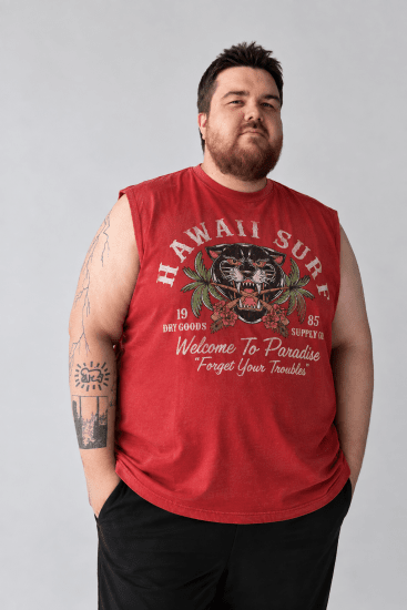 Kam Jeans 5763 Hawaii Surf Vest Sleeveless T-Shirt Washed Red - T-shirts - Grote Maten T-shirts Heren