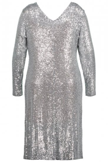 Ulla Popken 804863 Paillettenjurk met V-hals Zilver - Avondjurken - Grote maten avondkleding