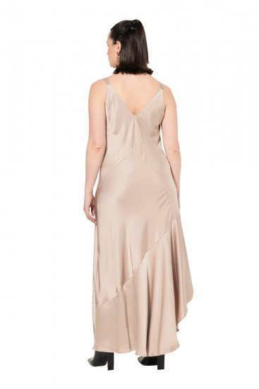 Ulla Popken 820341 Mouwloze satijnen jurk Taupe - Avondjurken - Grote maten avondkleding